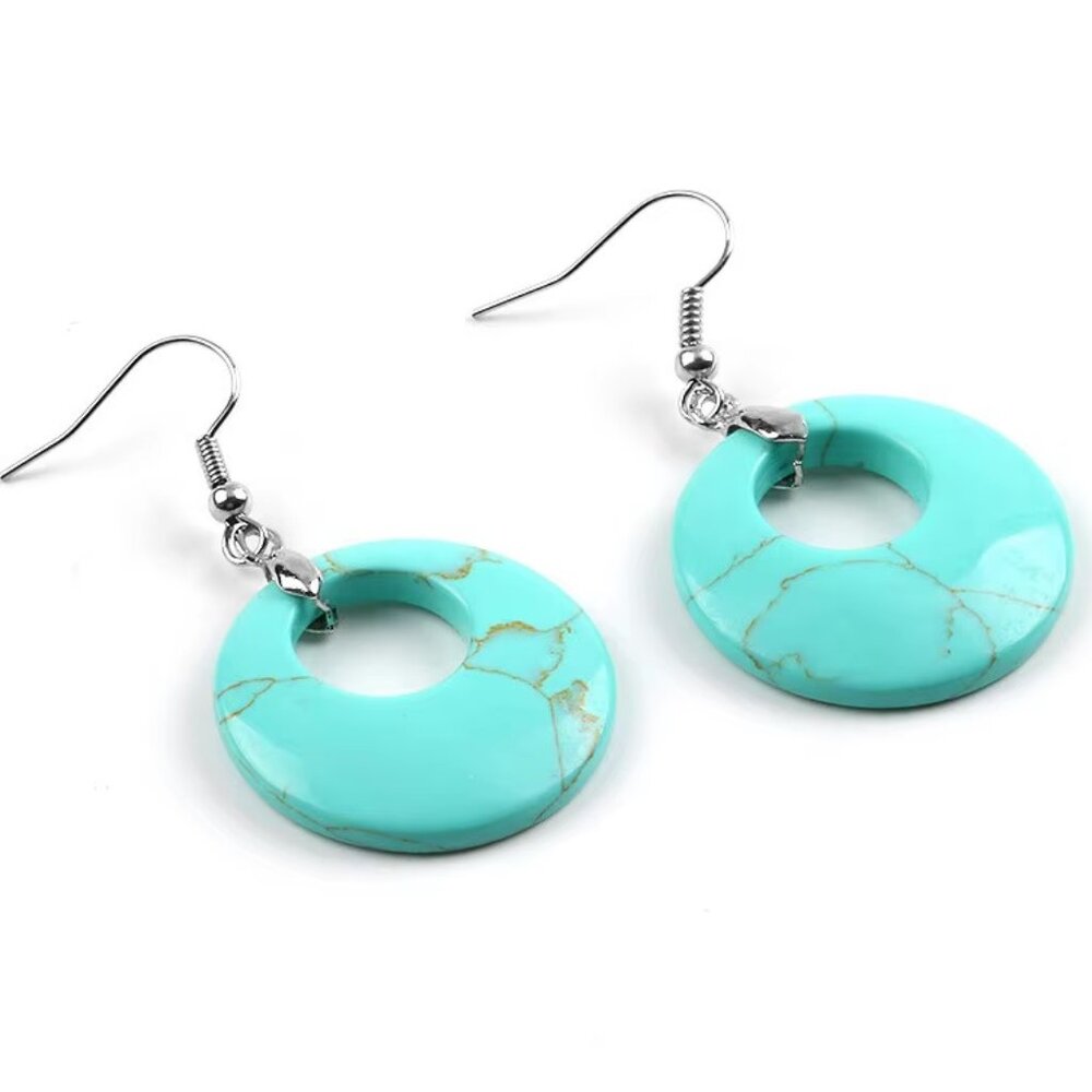 Natural Stone Blue Howlite Gemstone Round Hollow Healing Dangle Earrings - Picture 1 of 2